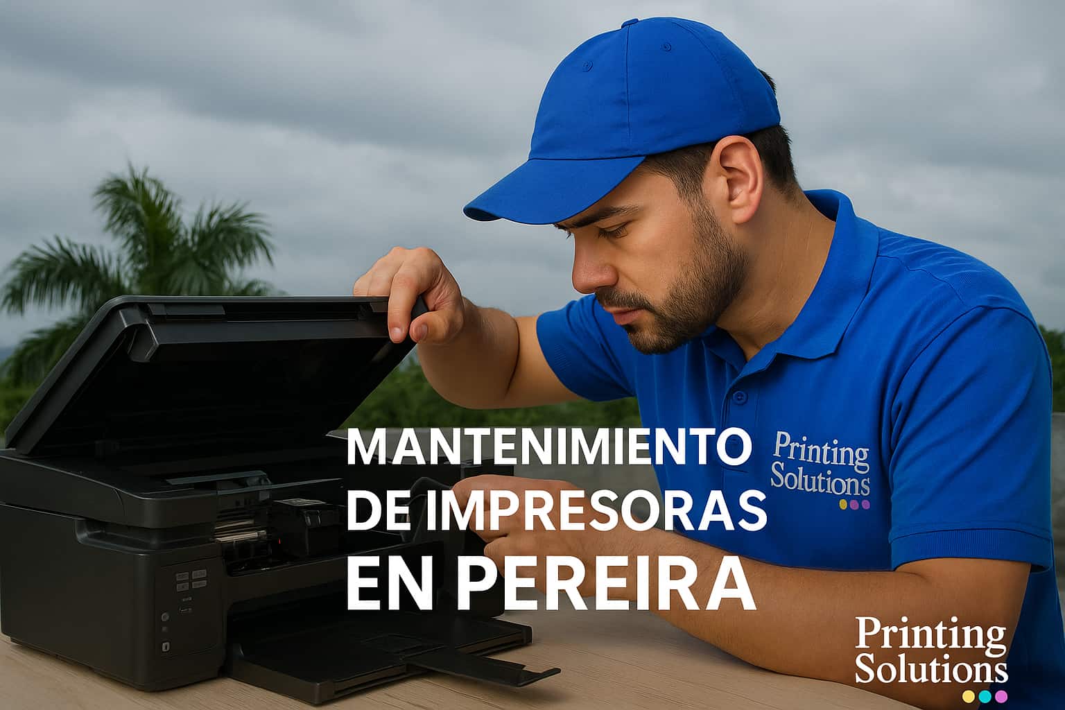 Técnico de Printing Solutions haciendo mantenimiento de impresora en Pereira con clima húmedo