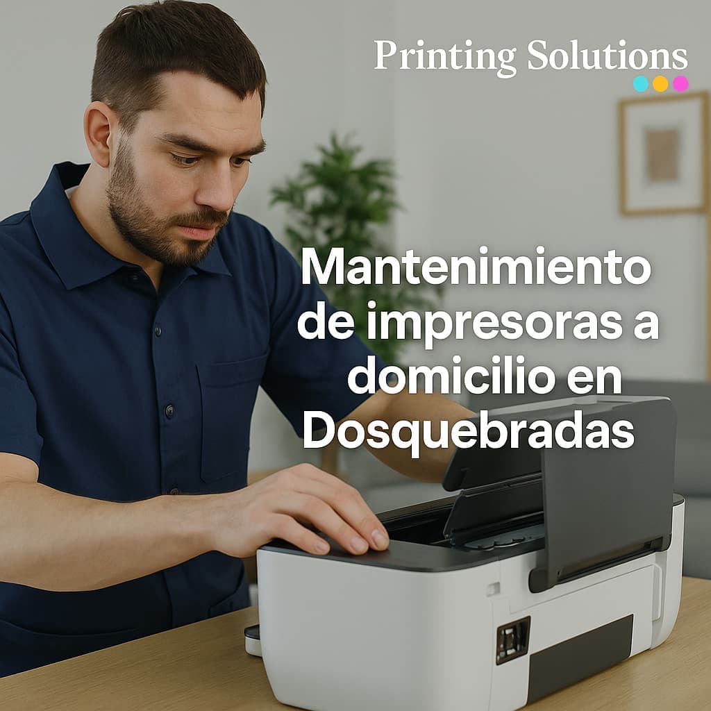Técnico revisando una impresora de inyección de tinta en un espacio doméstico, con texto promocional de Printing Solutions sobre mantenimiento de impresoras a domicilio en Dosquebradas.