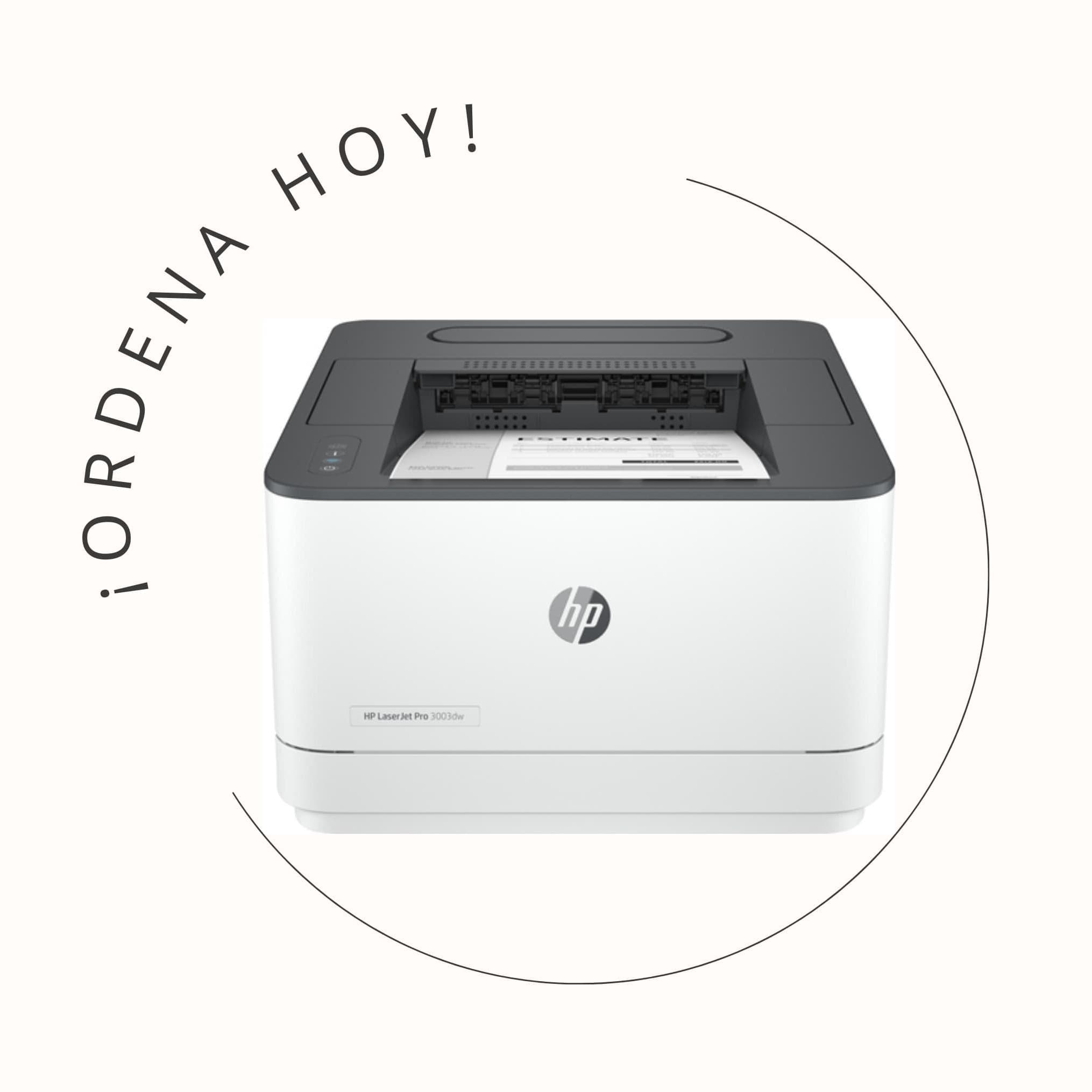 Impresora LaserJet Pro 3003dw monocromática con conexión Wi-Fi, resolución de 1200 x 1200 DPI y compatibilidad con papel tamaño A4. Ideal para entornos de oficina y alto volumen de impresión.