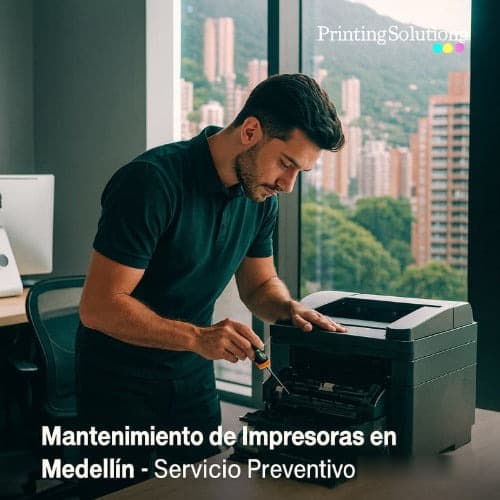 Técnico realizando mantenimiento preventivo a impresora en oficina con vista a Medellín, servicio a domicilio por Printing Solutions.