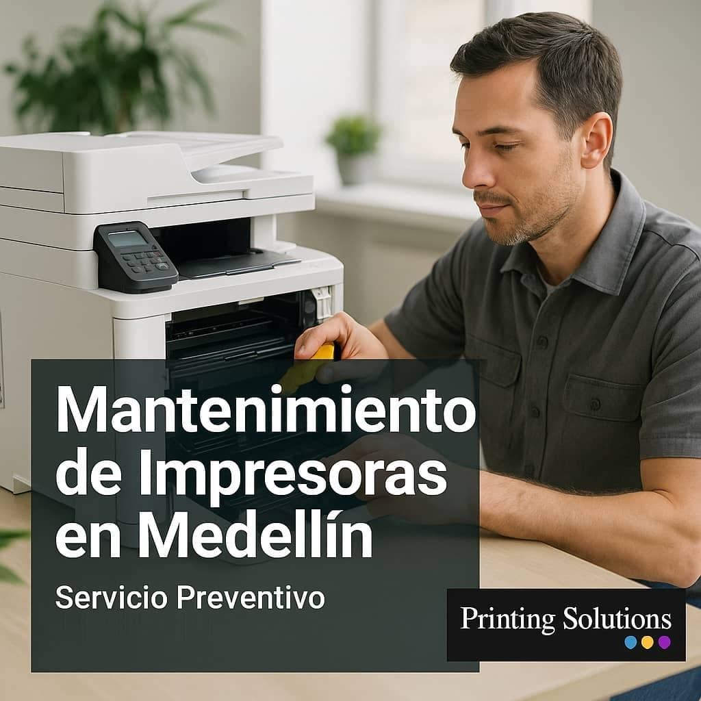 Especialista revisando impresora multifuncional en Medellín, reparación de impresoras con atención en sitio de Printing Solutions.