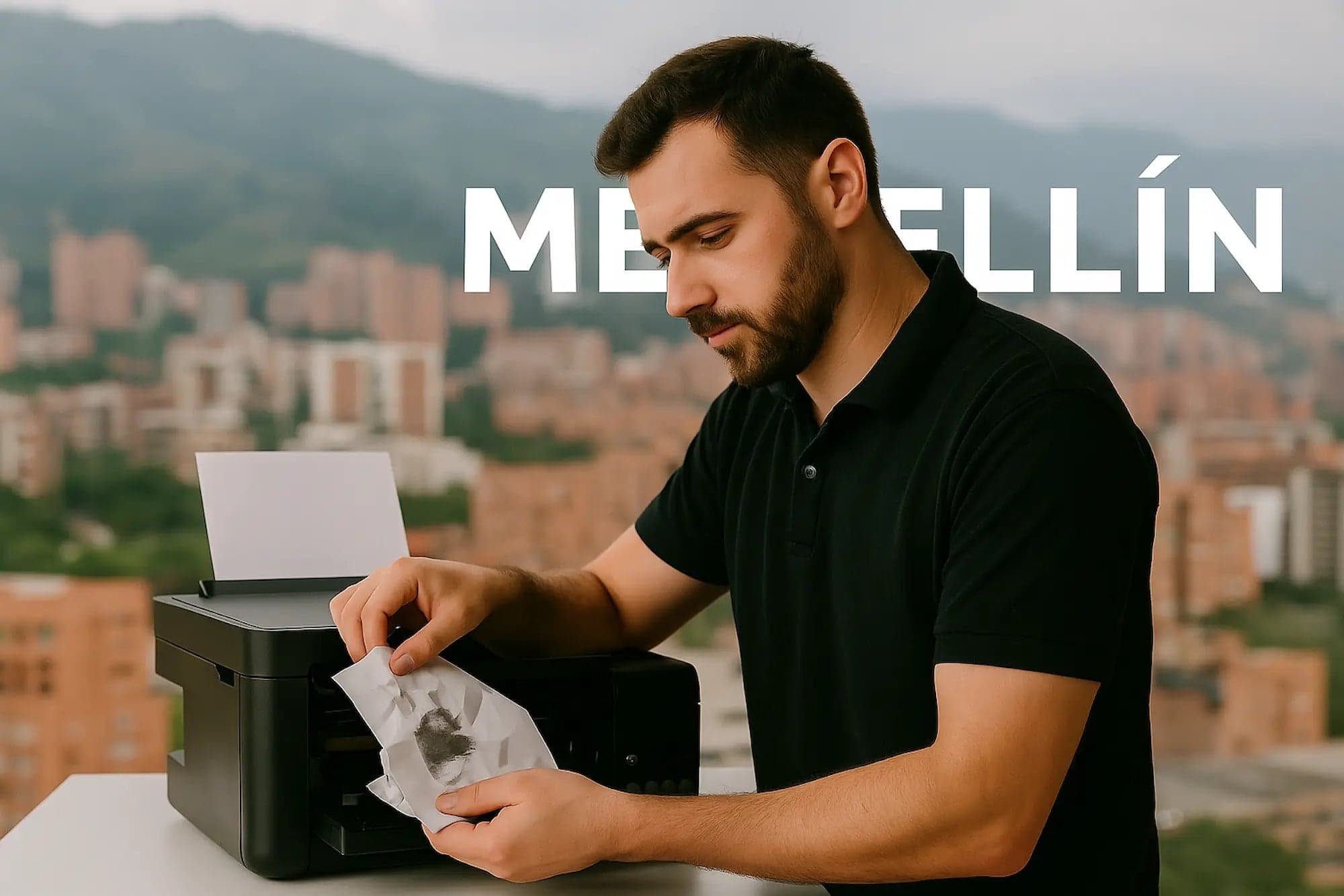 Técnico en Medellín reparando impresora multifuncional con atasco de papel, servicio a domicilio de mantenimiento y reparación de impresoras con garantía incluida