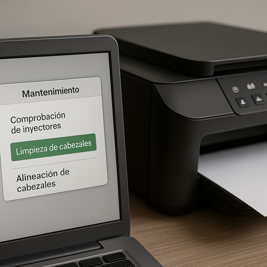 Menú de mantenimiento mostrando limpieza de cabezal de impresora Epson, guía de Printing Solutions