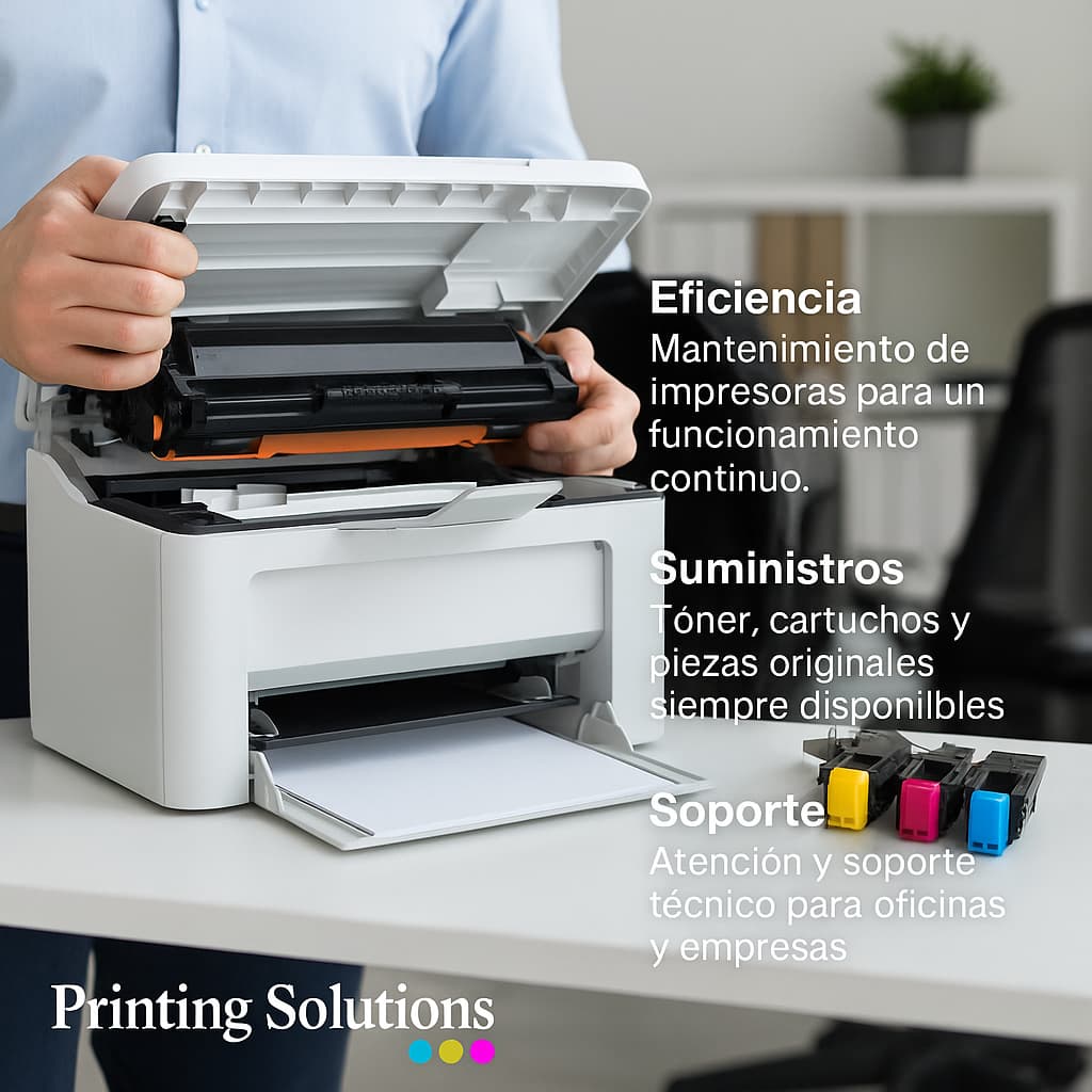 Mantenimiento de impresoras para empresas con suministro constante de tóner, cartuchos y piezas. Servicio técnico eficiente que garantiza el funcionamiento continuo en oficinas.