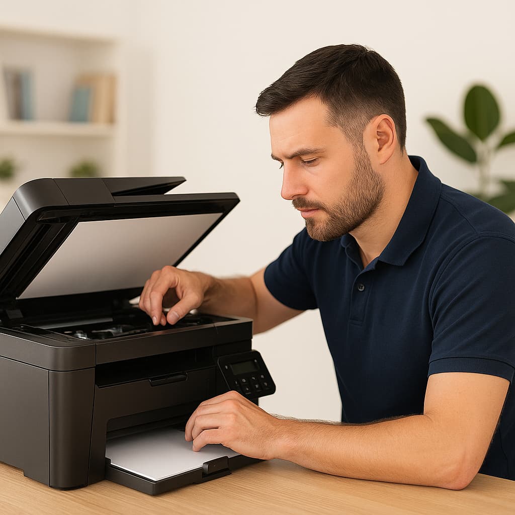 Técnico de impresoras realizando mantenimiento a domicilio en Pereira, Armenia, Manizales o Dosquebradas. Servicio profesional de Printing Solutions para impresoras láser y de inyección.