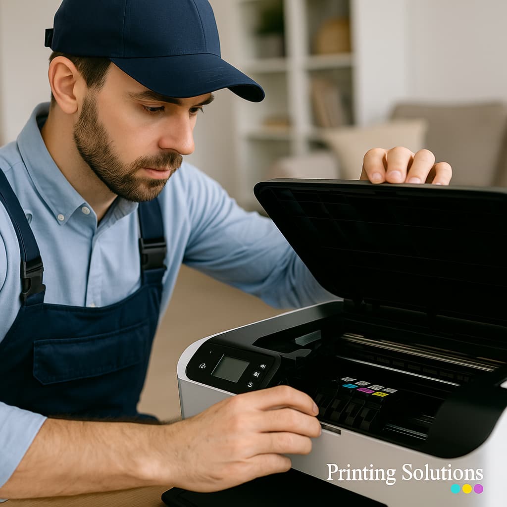 Técnico especializado en mantenimiento de impresoras a domicilio. Servicio profesional en el hogar para revisión, reparación y limpieza de equipos de impresión. Printing Solutions.