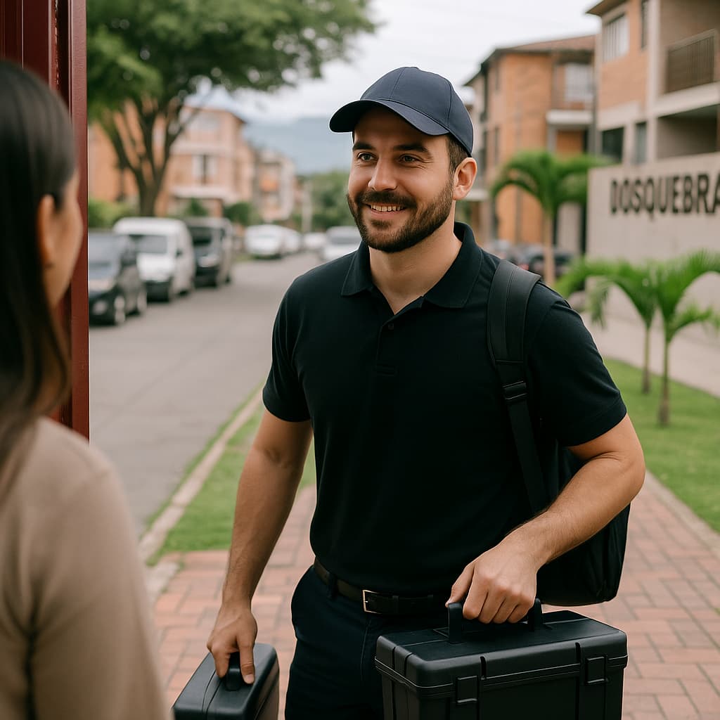Técnico uniformado de Printing Solutions llegando a domicilio para brindar servicio técnico especializado en impresoras. Mantenimiento y reparación en sitio en Pereira, Armenia y Dosquebradas.