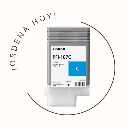 Cartucho de tinta Canon PFI-107C color cian, original, diseñado para impresoras de gran formato. Excelente rendimiento y calidad de color para aplicaciones profesionales.