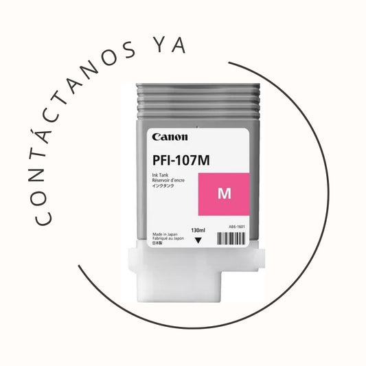Cartucho de tinta Canon PFI-107M color magenta, original, compatible con impresoras de gran formato. Ideal para impresión de gráficos con alta definición y fidelidad de color.