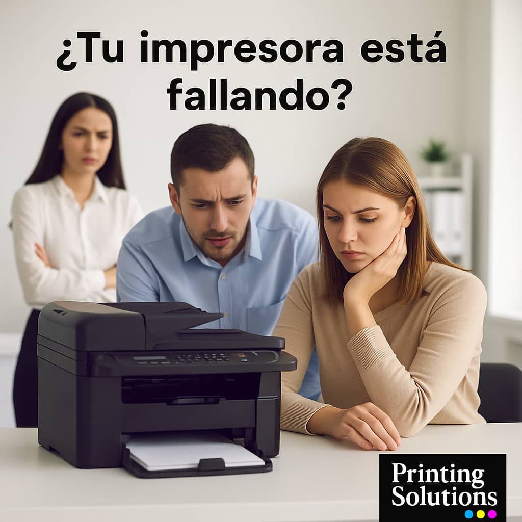 Usuarios preocupados en oficina por impresora que presenta fallas. Imagen representativa del servicio técnico a domicilio de Printing Solutions en Pereira, Armenia, Manizales y Dosquebradas.